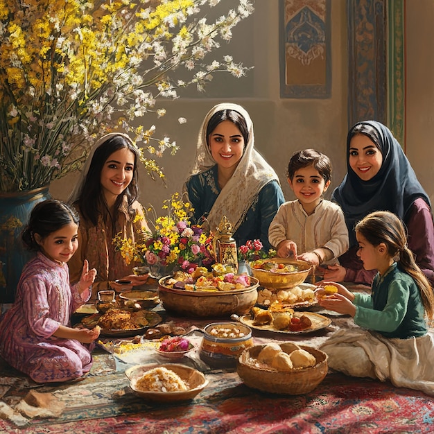 Photo family gathering around haftseen table at persian nowruz festival