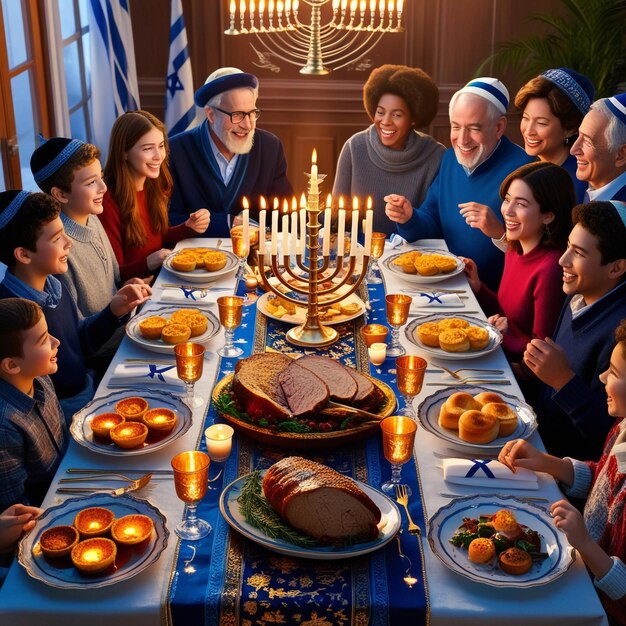 Photo family gathering around the menorah and festive meal