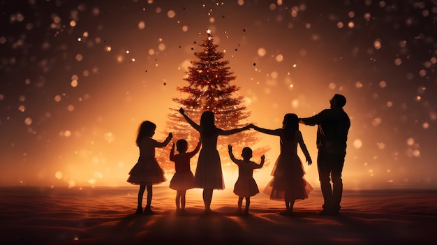 Family Gathering Around SnowCovered Christmas Tree in Serene Night