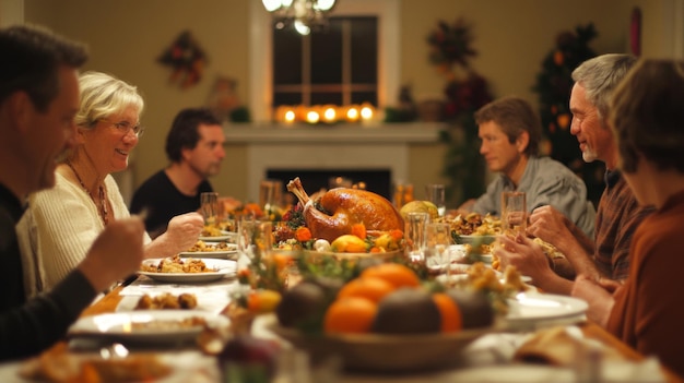 Photo family gathering around a thanksgiving table