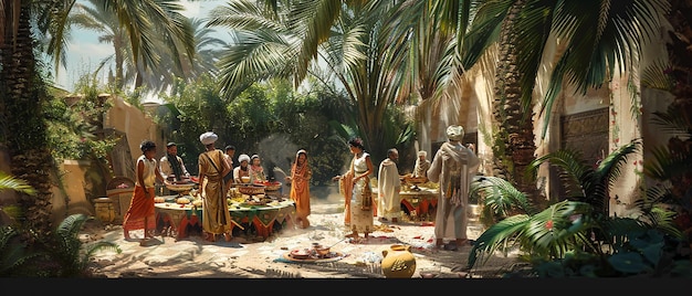 Family Gathering in a Lush Oasis Sharing a Meal amid Nature