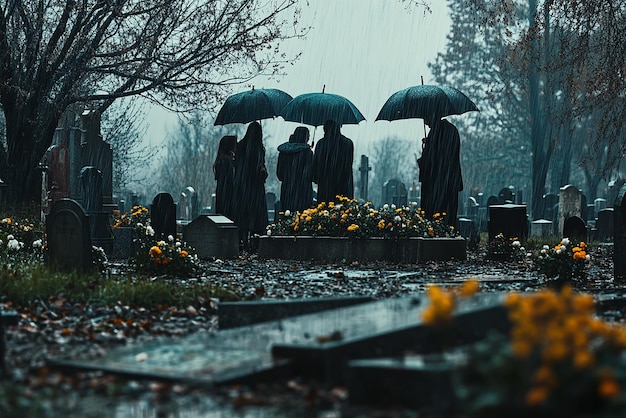 Photo family gathering on a rainy day at cemetery