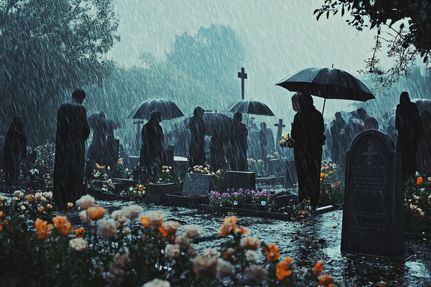 Photo family gathering on a rainy day at cemetery