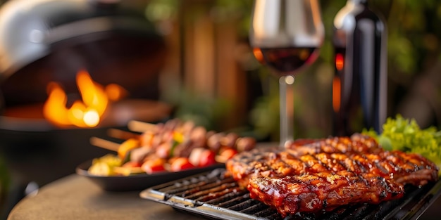 A Family Gathering with Mouthwatering Food Wine and Grilled Meats in a Backyard Setting Concept Family Gathering Mouthwatering Food Wine Grilled Meats Backyard Setting