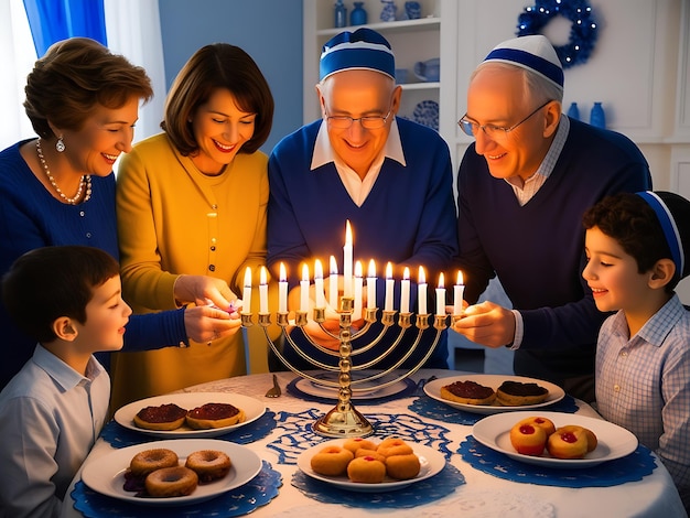 Photo the family gathers around the table celebrating hanukkah