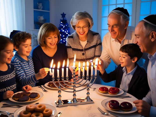 Photo the family gathers around the table celebrating hanukkah