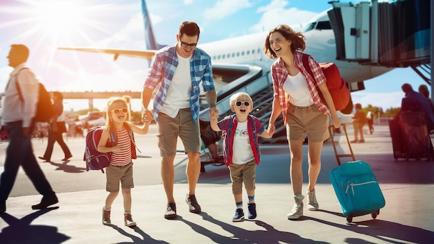 family going on a runway with a plane in the background