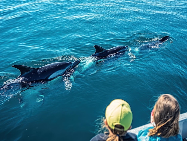 Photo family going on a whale watching tour spotting whales and dolphins in the ocean