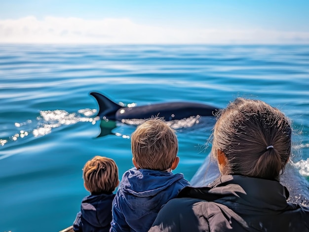 Photo family going on a whale watching tour spotting whales and dolphins in the ocean