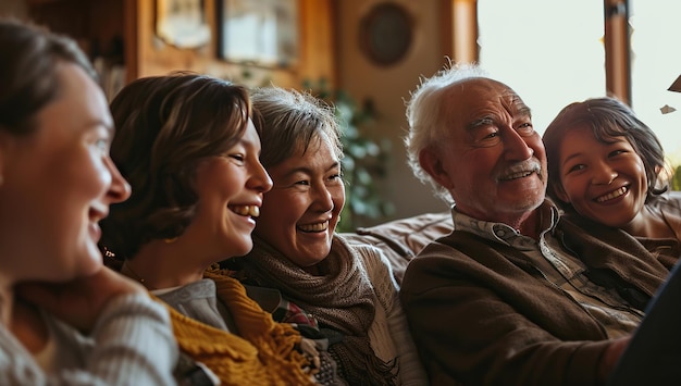 A family group of Asian descent including young and elderly people laughing and interacting together The concept of family and happiness