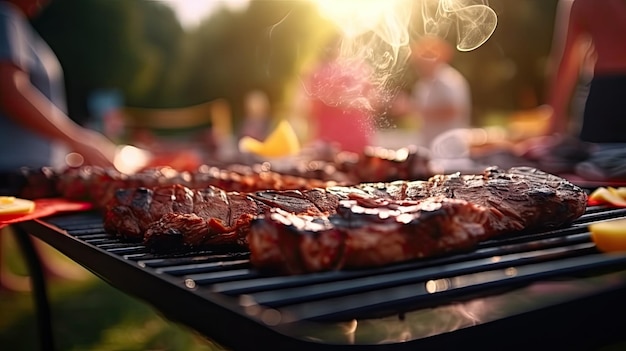 Family group partying outdoors Focus on grilling food in public gardens space for text