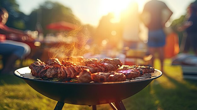 Family group partying outdoors Focus on grilling food in public gardens space for text