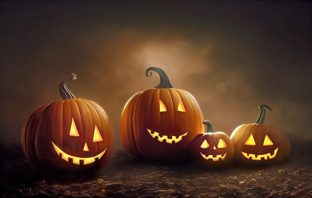 Family of Halloweem pumpkins with glowing eyes in a field at foggy night Digital illustration with copy space