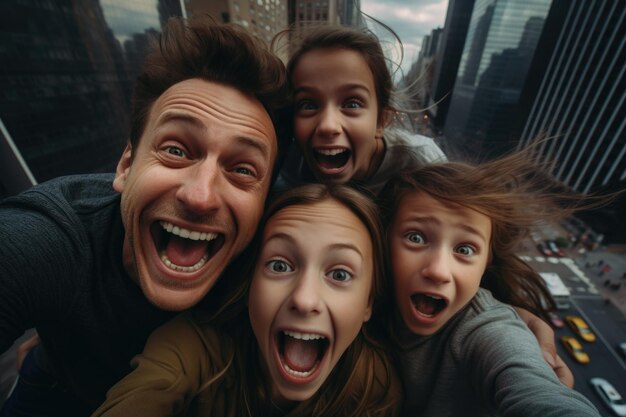 Photo family happy and surprised expression city background