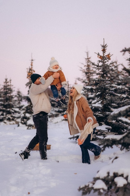 the family has fun in the winter in the park with fir trees