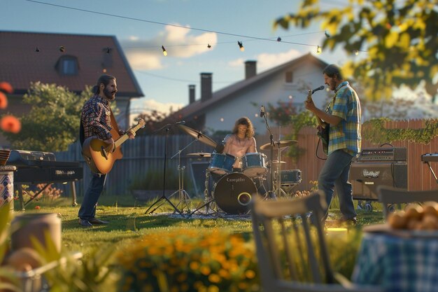 Family having a backyard barbecue with a live band