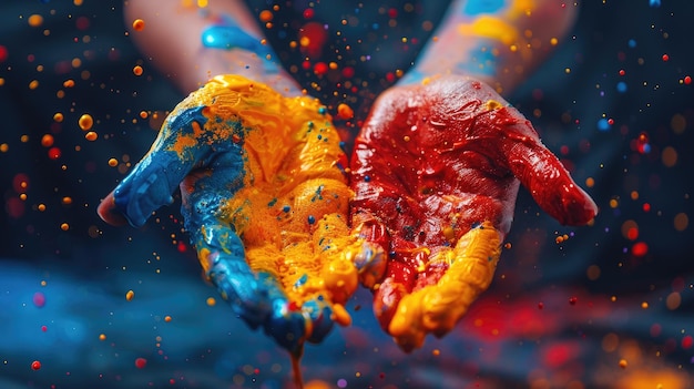 A family having a colorful paint fight outside