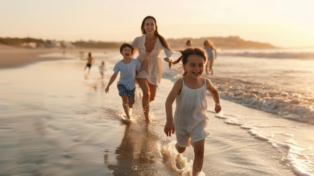 Family having fun on the beach running and playing in the water Ai generative