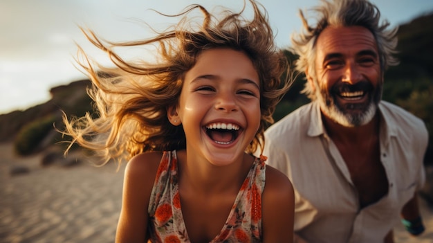 Family having fun happily on the beach