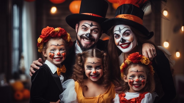 Family having fun at party Happy family celebrating Halloween People wearing carnival costumes