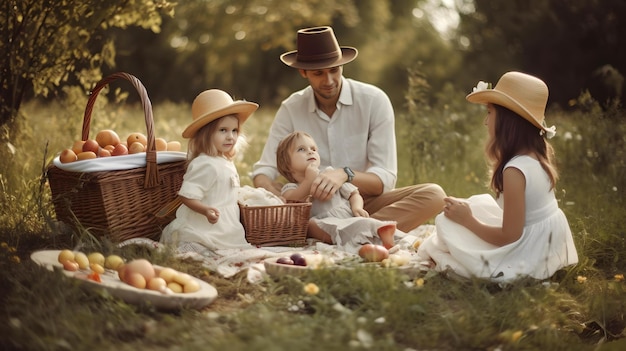 Family having a picnic in grass field love camping trip parents kids vacation Generative AI