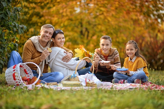 Family having a picnic in the park in autumn