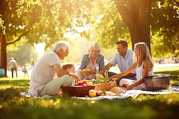 a family having a picnic in the park A group of individuals enjoying a picnic outing within the park