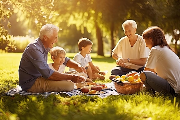 a family having a picnic in the park A group of individuals enjoying a picnic outing within the park