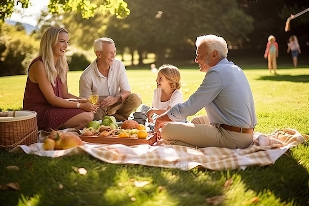 a family having a picnic in the park A group of individuals enjoying a picnic outing within the park