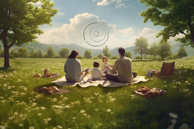 Family having a picnic in separate marked Generative ai