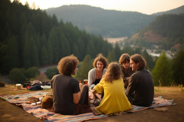 Family having a picnic with a forested hillside vie Picnic Photos 729jpg