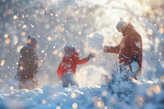 Family having a snowball fight in the winter