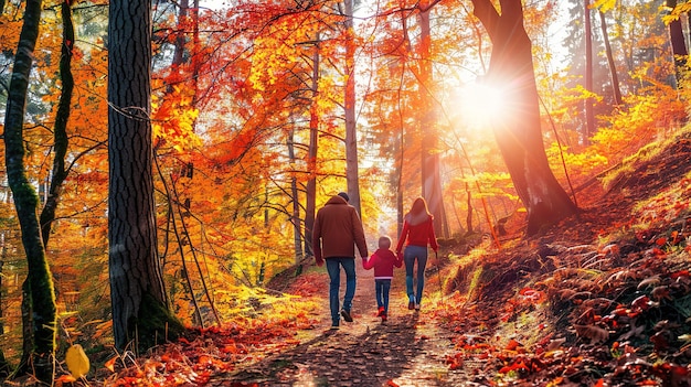 Family Hiking Through Autumn Forest on a Sunny Day