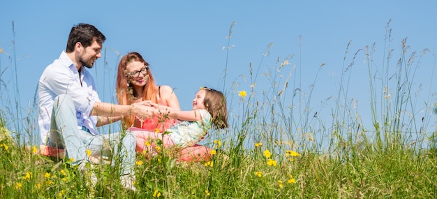 Family holding hands in summer in the grass