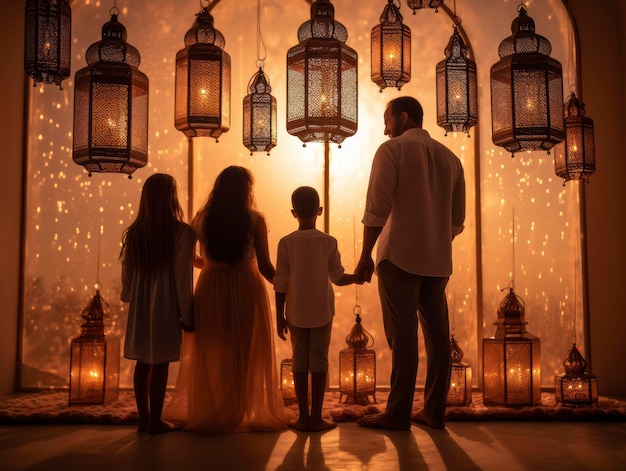 a family holds hands in front of a lit up wall with lanterns in the background