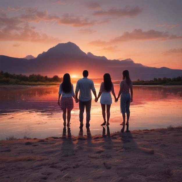 a family holds hands and looks at the sunset