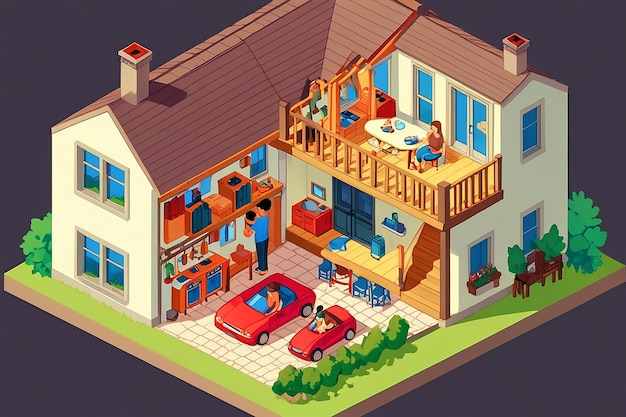 Photo family house building isometric illustration