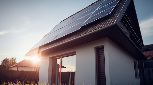 Family house with solar panels and sunrise solar energy system Sunset