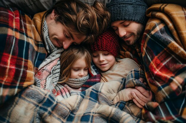 Photo a family huddles closely together under a warm plaid blanket family snuggled together under a plaid blanket