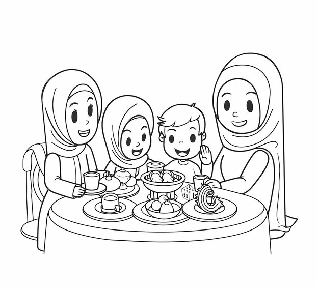 family at iftaar table mom dad and kids minimalist style kawaii cartoon very simple drawing