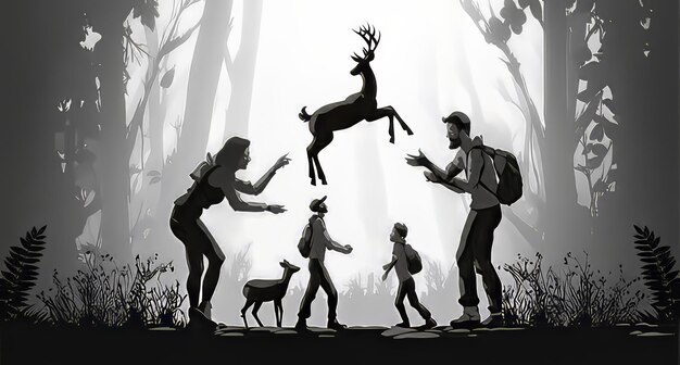 Photo a family immersed in nature mesmerized by a deer jumping in the forest