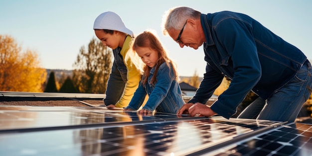 a family installing solar panels together Created with generative AI technology