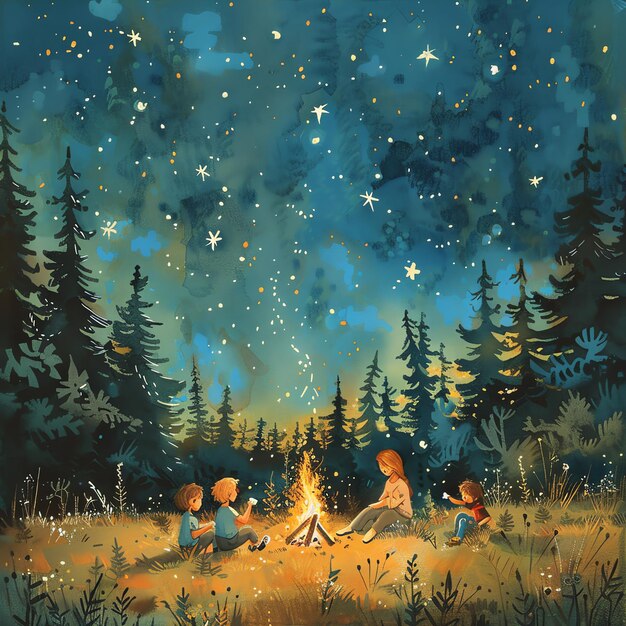 A family is camping in the woods