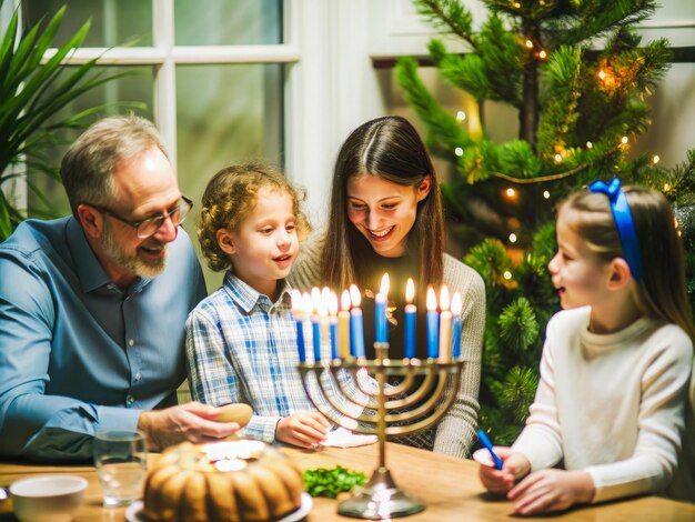 Photo a family is celebrating a christmas eve with a cake and a candle