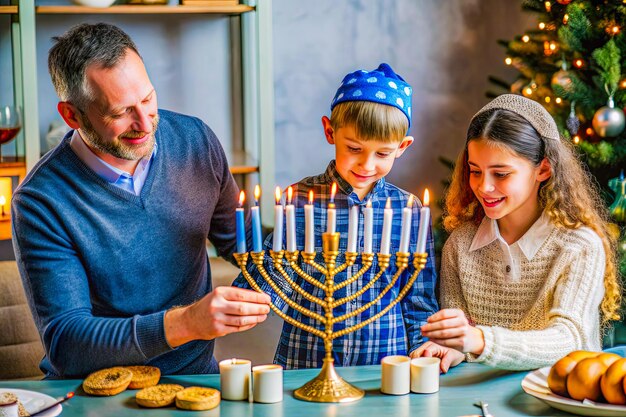 Photo a family is celebrating holiday with a menorah and a christmas tree