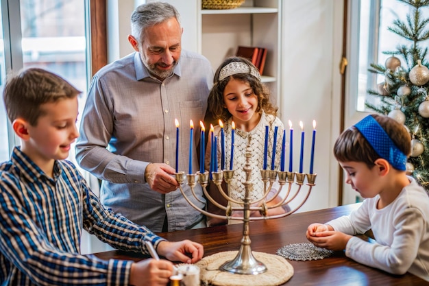 Photo a family is celebrating a jewish holiday with a menorah