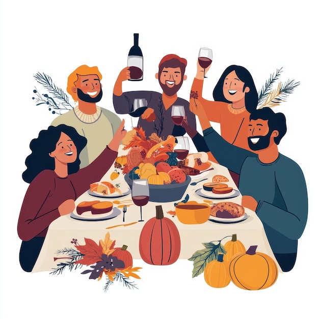 a family is celebrating a thanksgiving dinner with a bottle of wine