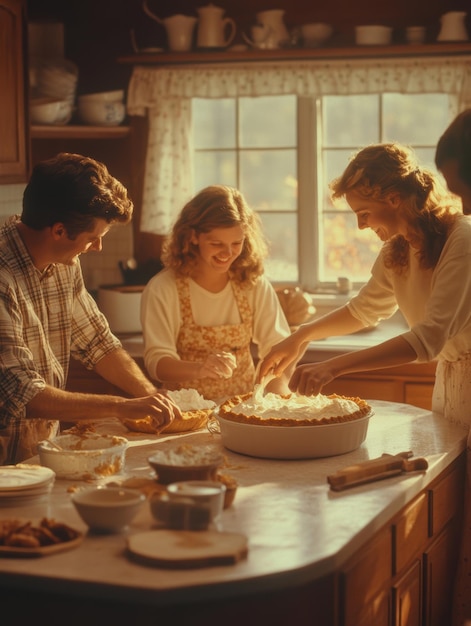 a family is cutting a cake in a kitchen with a window behind them