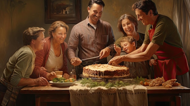 A family is cutting a cake with a knife.