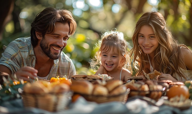 a family is eating food at a table with a girl and the man is smiling